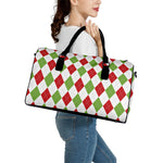 White Red And Green Argyle Pattern Print Leather Duffle Bag