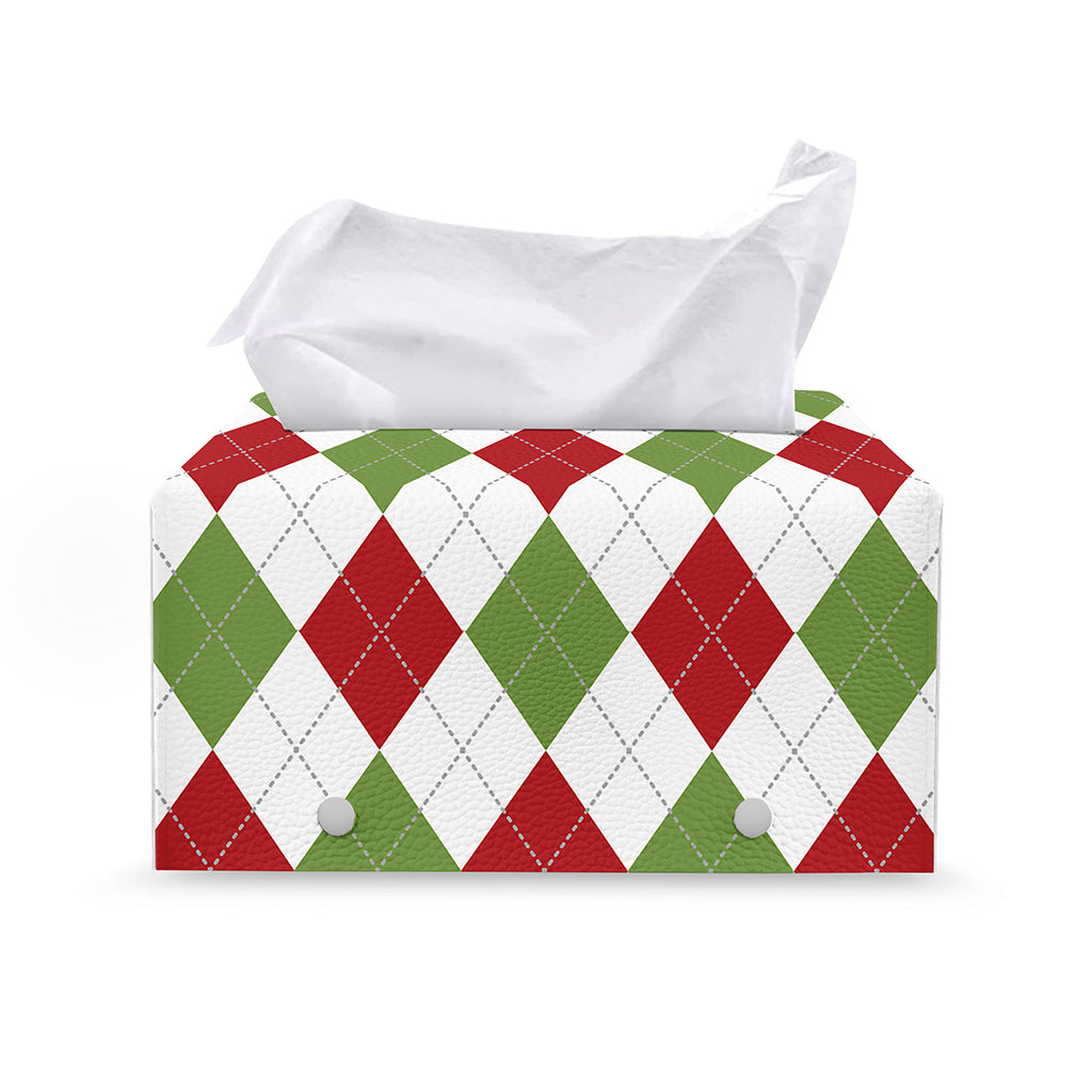 White Red And Green Argyle Pattern Print Leather Tissue Box Cover