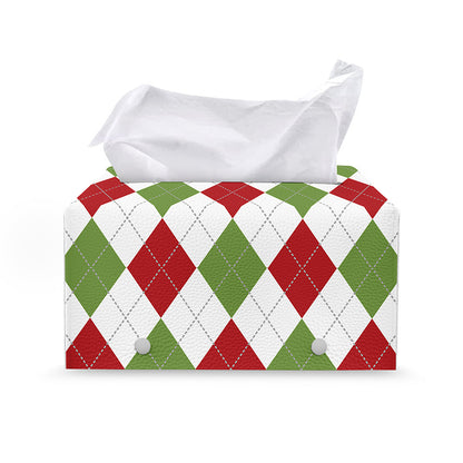 White Red And Green Argyle Pattern Print Leather Tissue Box Cover