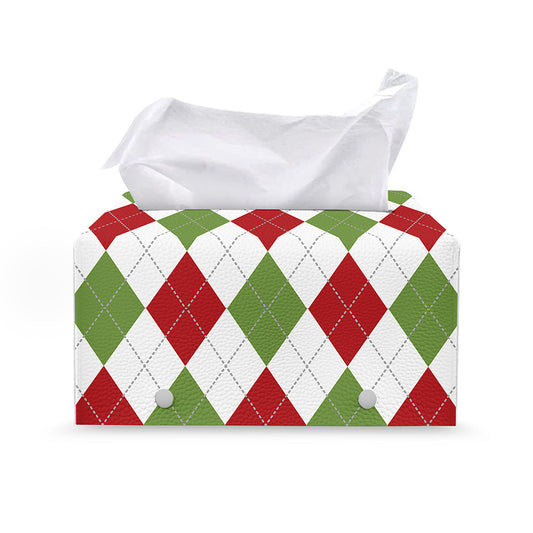 White Red And Green Argyle Pattern Print Leather Tissue Box Cover