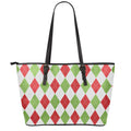 White Red And Green Argyle Pattern Print Leather Tote Bag With Zipper