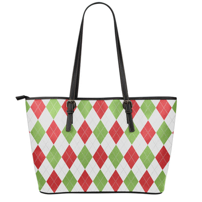 White Red And Green Argyle Pattern Print Leather Tote Bag