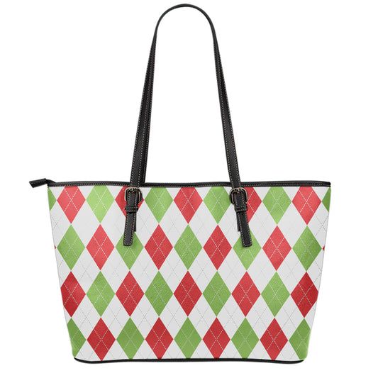 White Red And Green Argyle Pattern Print Leather Tote Bag