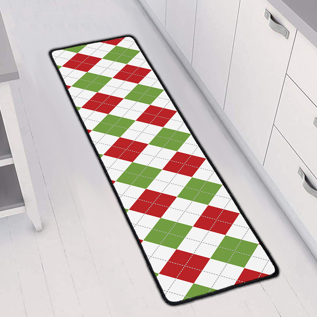 White Red And Green Argyle Pattern Print Long Kitchen Mat