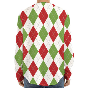 White Red And Green Argyle Pattern Print Long Sleeve Baseball Jersey