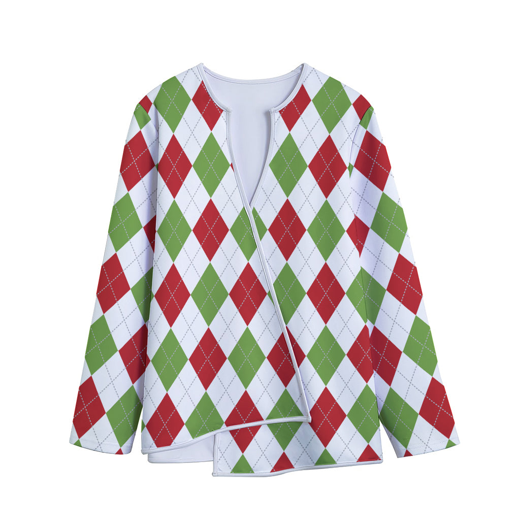 White Red And Green Argyle Pattern Print Long Sleeve Short Coat