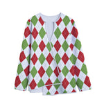 White Red And Green Argyle Pattern Print Long Sleeve Short Coat