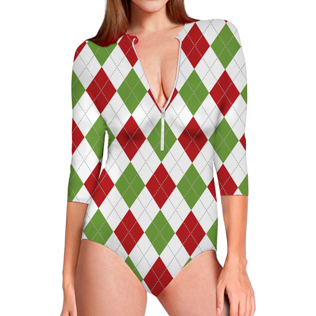 White Red And Green Argyle Pattern Print Long Sleeve Swimsuit