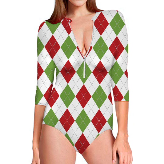 White Red And Green Argyle Pattern Print Long Sleeve Swimsuit