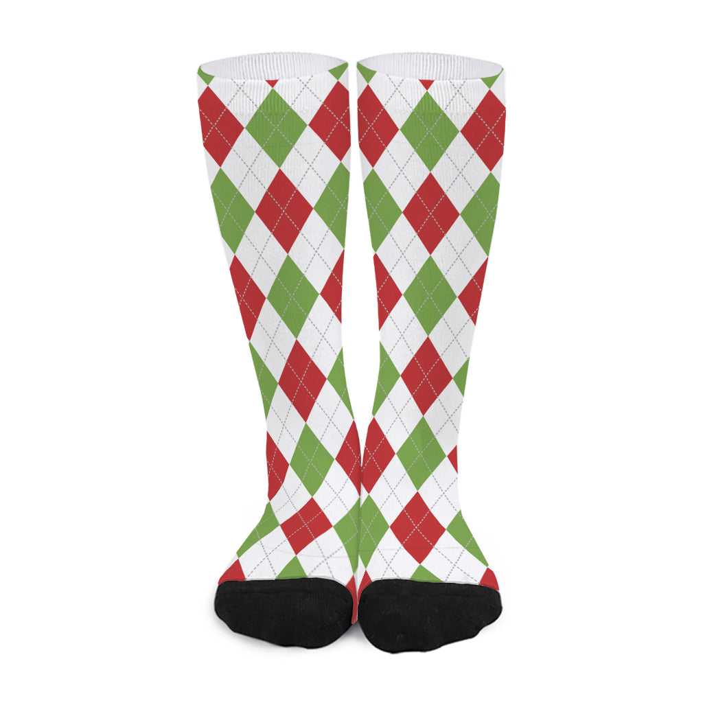 White Red And Green Argyle Pattern Print Long Socks