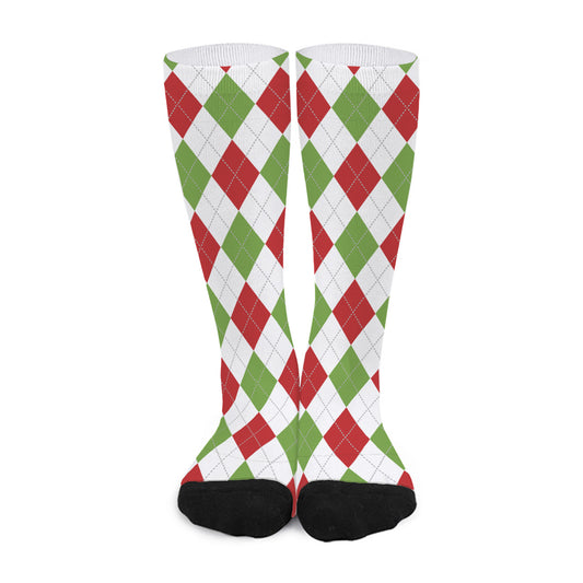 White Red And Green Argyle Pattern Print Long Socks