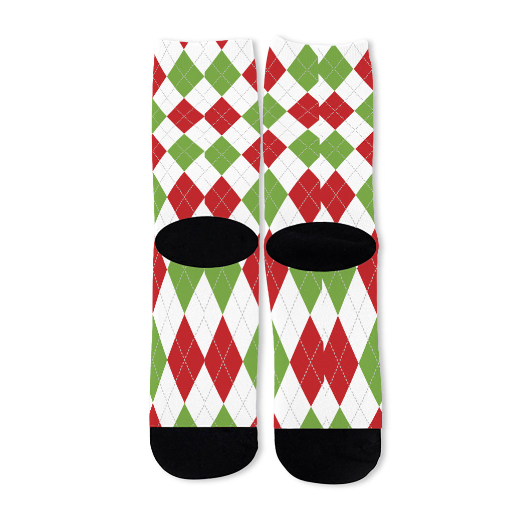 White Red And Green Argyle Pattern Print Long Socks