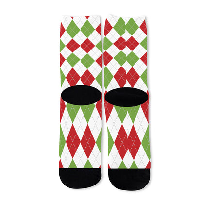 White Red And Green Argyle Pattern Print Long Socks