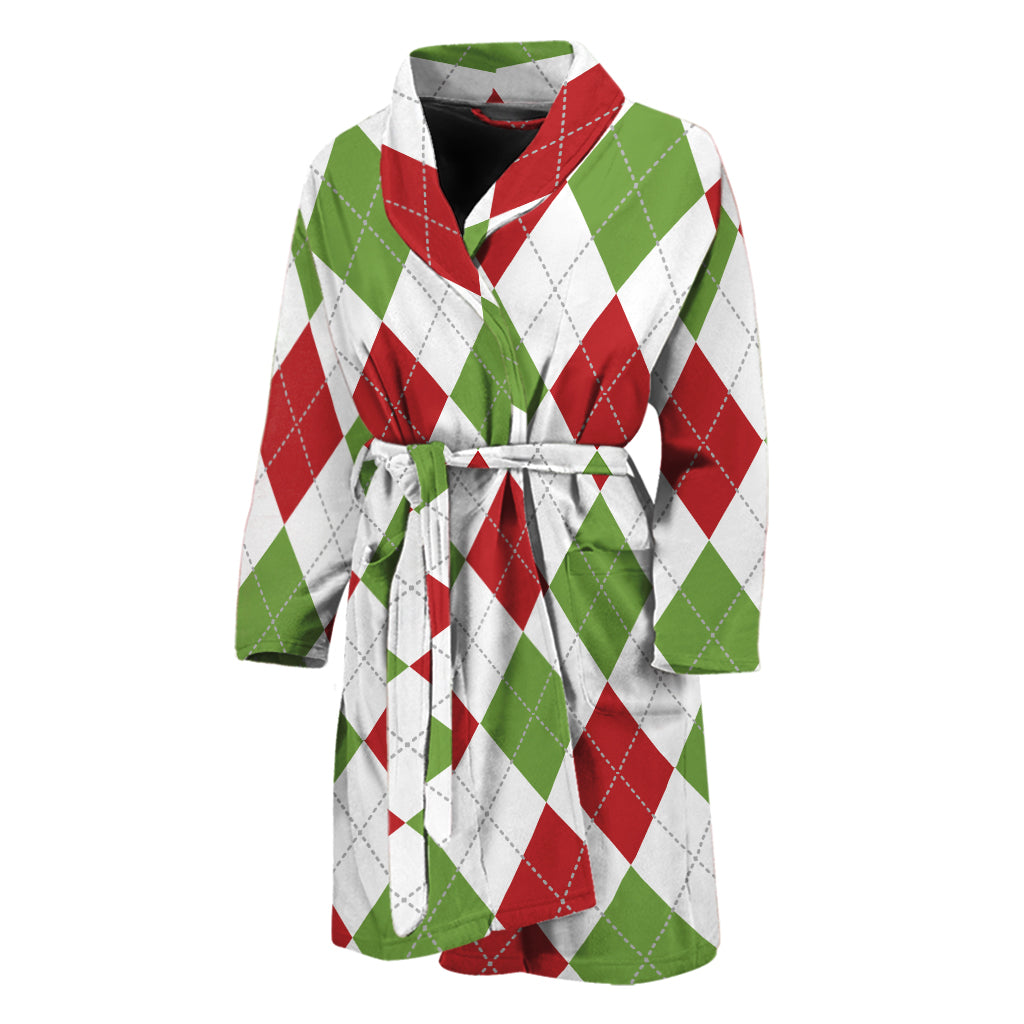 White Red And Green Argyle Pattern Print Men's Bathrobe