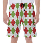 White Red And Green Argyle Pattern Print Men's Beach Shorts