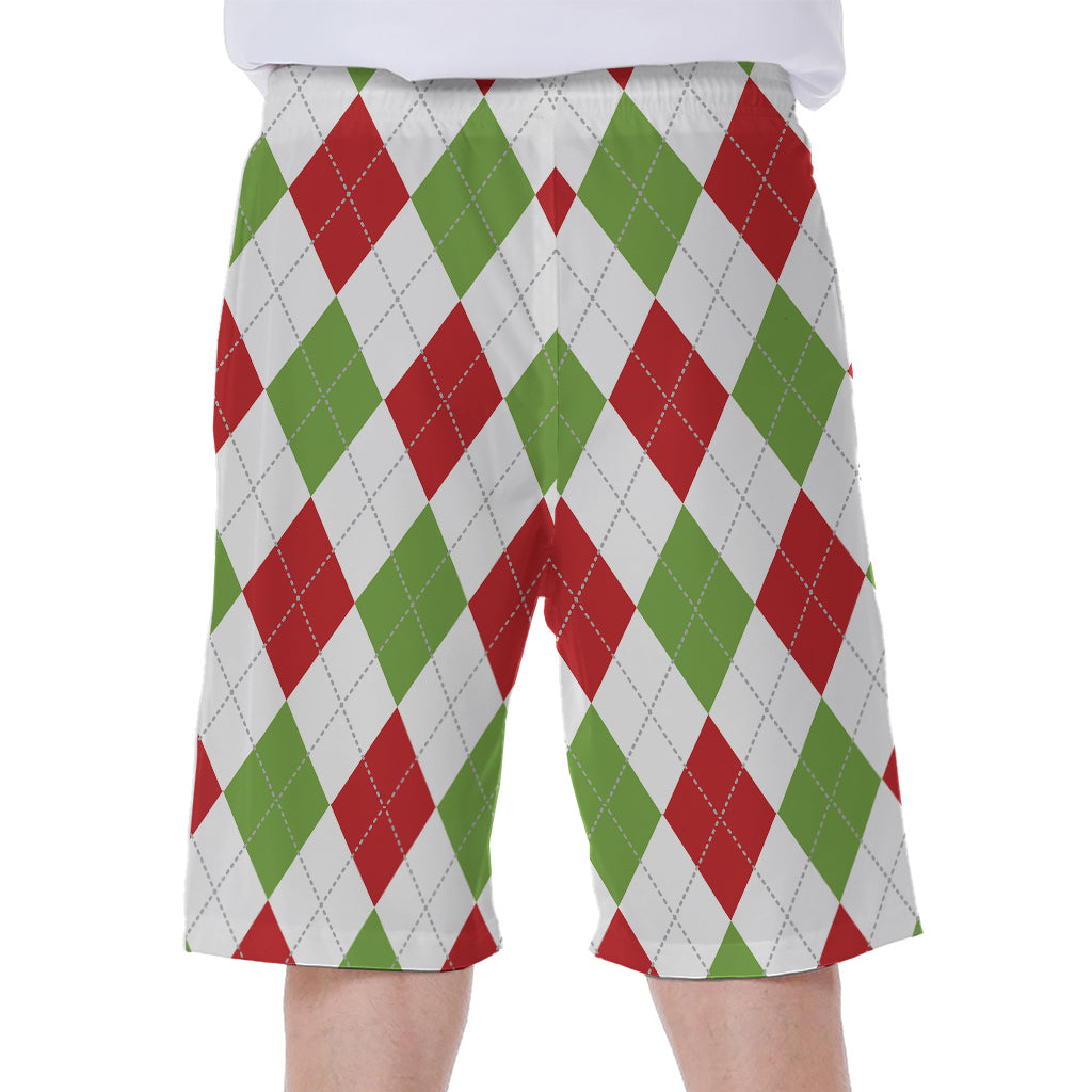 White Red And Green Argyle Pattern Print Men's Beach Shorts