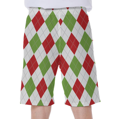 White Red And Green Argyle Pattern Print Men's Beach Shorts