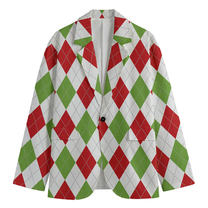 White Red And Green Argyle Pattern Print Men's Blazer