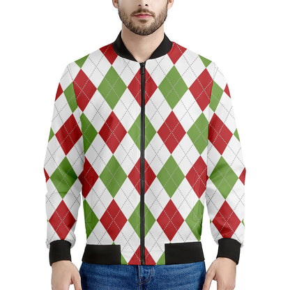 White Red And Green Argyle Pattern Print Men's Bomber Jacket