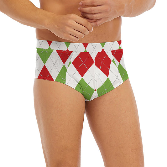 White Red And Green Argyle Pattern Print Men's Briefs