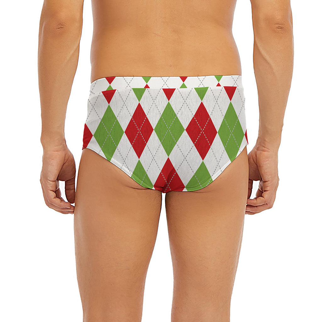 White Red And Green Argyle Pattern Print Men's Briefs