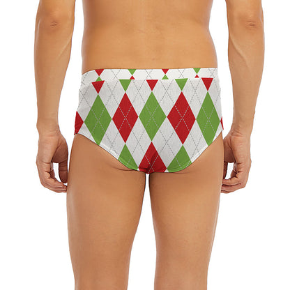 White Red And Green Argyle Pattern Print Men's Briefs