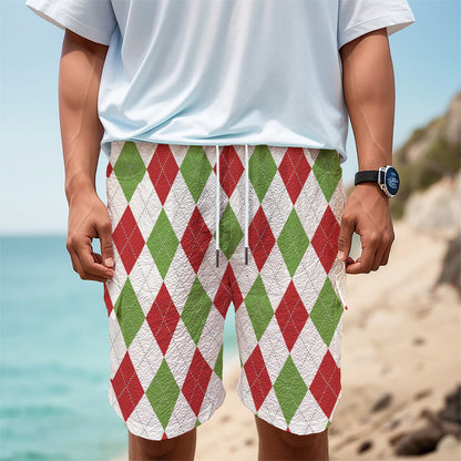 White Red And Green Argyle Pattern Print Men's Cargo Shorts