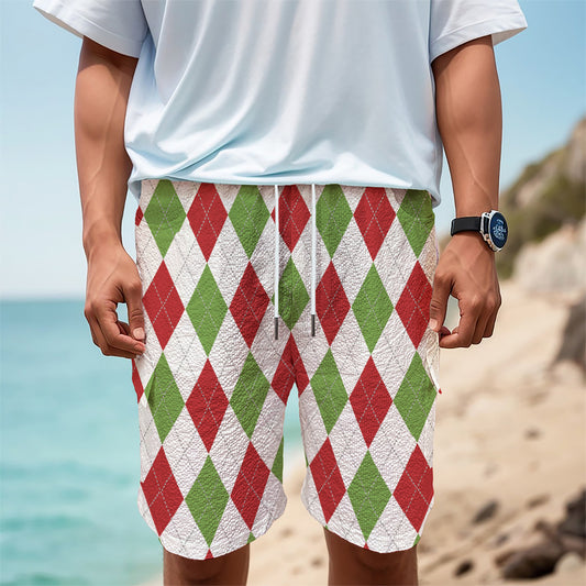 White Red And Green Argyle Pattern Print Men's Cargo Shorts