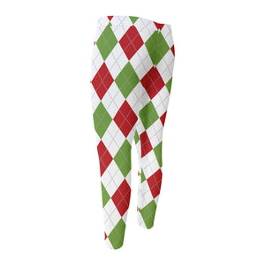 White Red And Green Argyle Pattern Print Men's Compression Pants