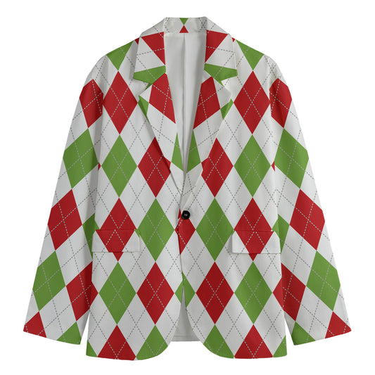White Red And Green Argyle Pattern Print Men's Cotton Blazer
