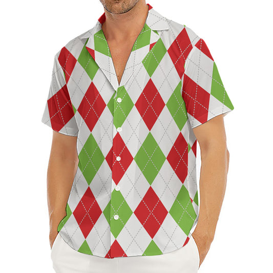 White Red And Green Argyle Pattern Print Men's Deep V-Neck Shirt