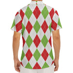 White Red And Green Argyle Pattern Print Men's Deep V-Neck Shirt