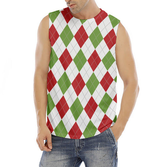 White Red And Green Argyle Pattern Print Men's Fitness Tank Top