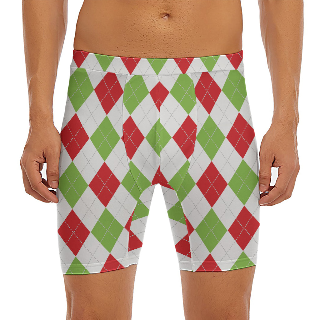 White Red And Green Argyle Pattern Print Men's Long Boxer Briefs