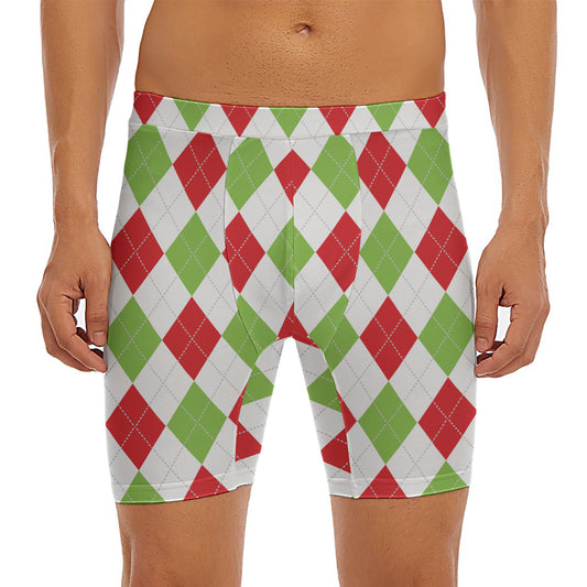 White Red And Green Argyle Pattern Print Men's Long Boxer Briefs