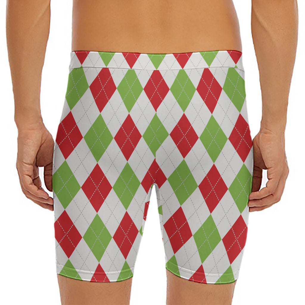 White Red And Green Argyle Pattern Print Men's Long Boxer Briefs