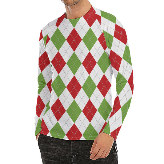 White Red And Green Argyle Pattern Print Men's Long Sleeve Rash Guard
