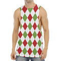 White Red And Green Argyle Pattern Print Men's Muscle Tank Top