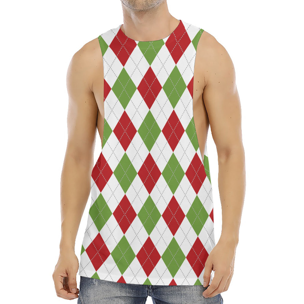 White Red And Green Argyle Pattern Print Men's Muscle Tank Top