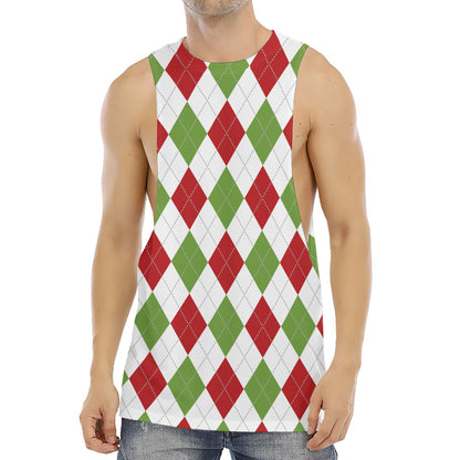 White Red And Green Argyle Pattern Print Men's Muscle Tank Top