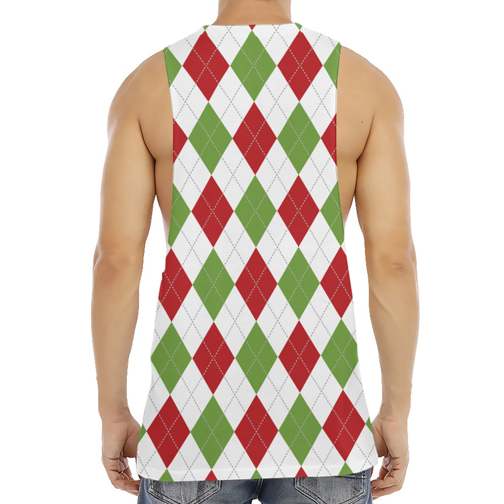 White Red And Green Argyle Pattern Print Men's Muscle Tank Top