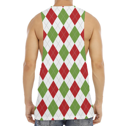 White Red And Green Argyle Pattern Print Men's Muscle Tank Top