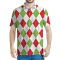 White Red And Green Argyle Pattern Print Men's Polo Shirt