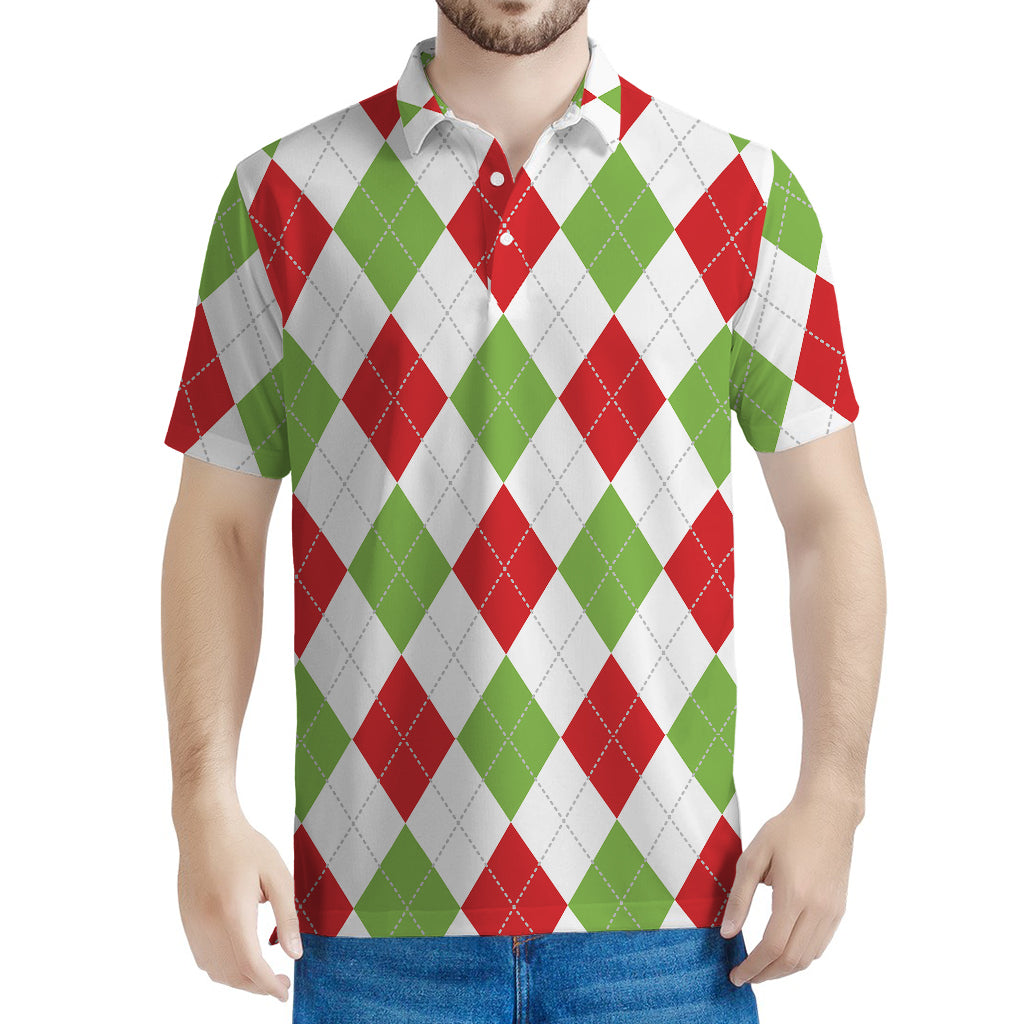 White Red And Green Argyle Pattern Print Men's Polo Shirt