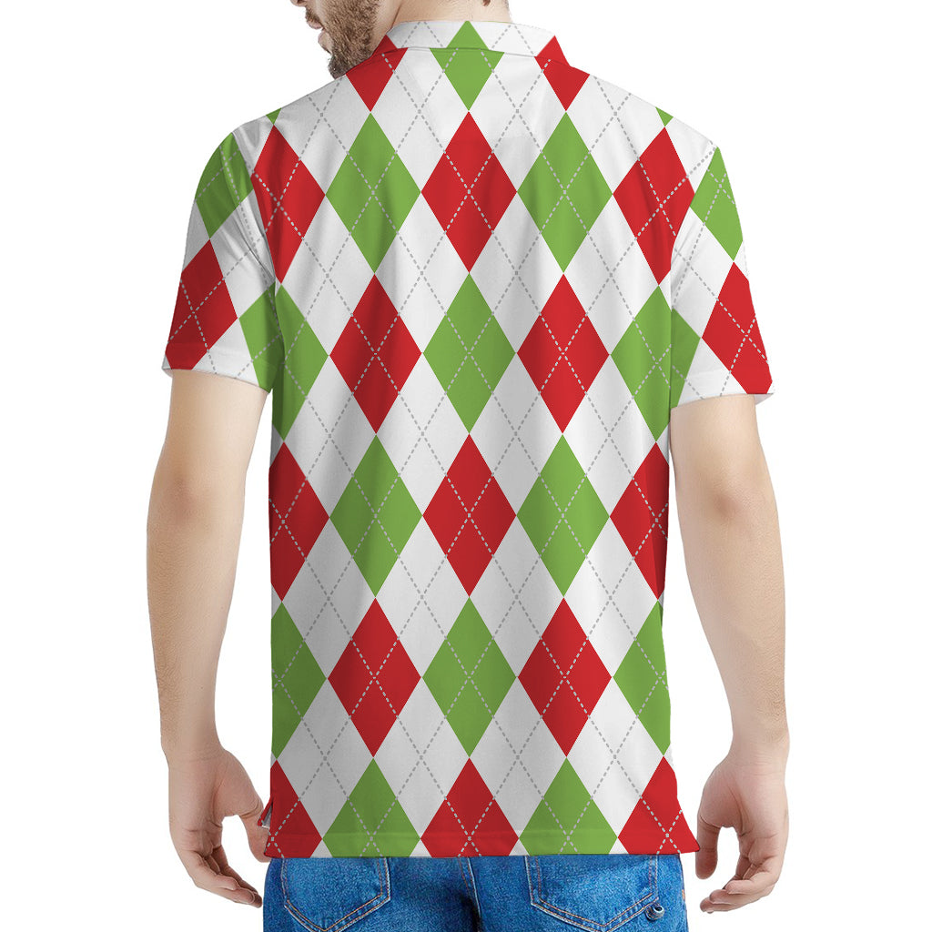 White Red And Green Argyle Pattern Print Men's Polo Shirt