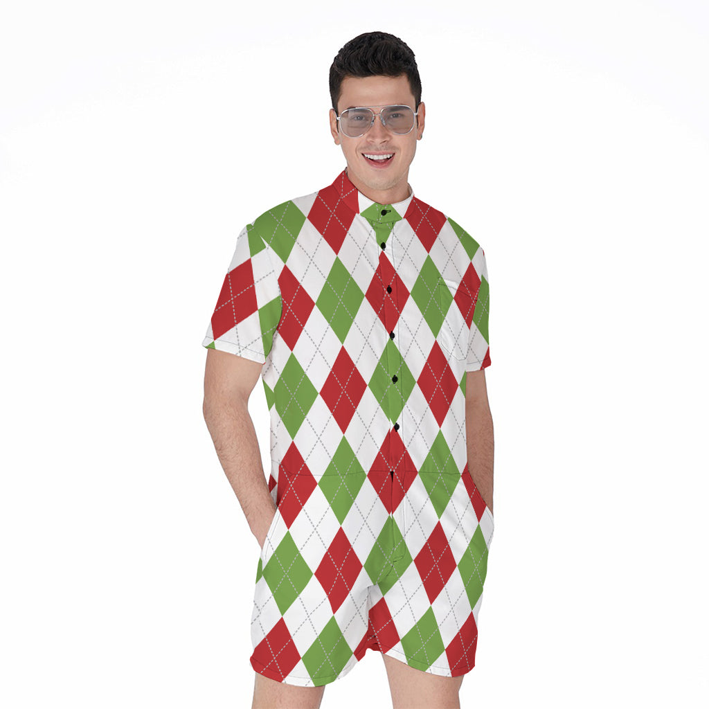 White Red And Green Argyle Pattern Print Men's Rompers