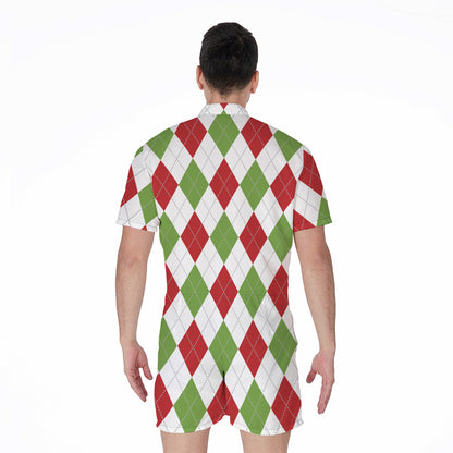 White Red And Green Argyle Pattern Print Men's Rompers