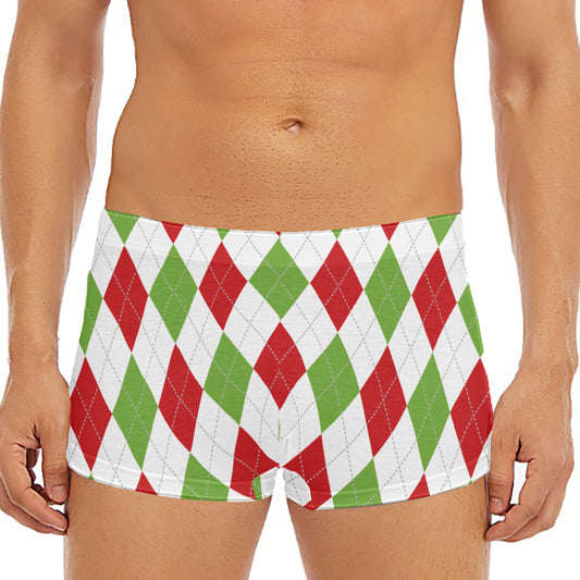 White Red And Green Argyle Pattern Print Men's Short Boxer Briefs
