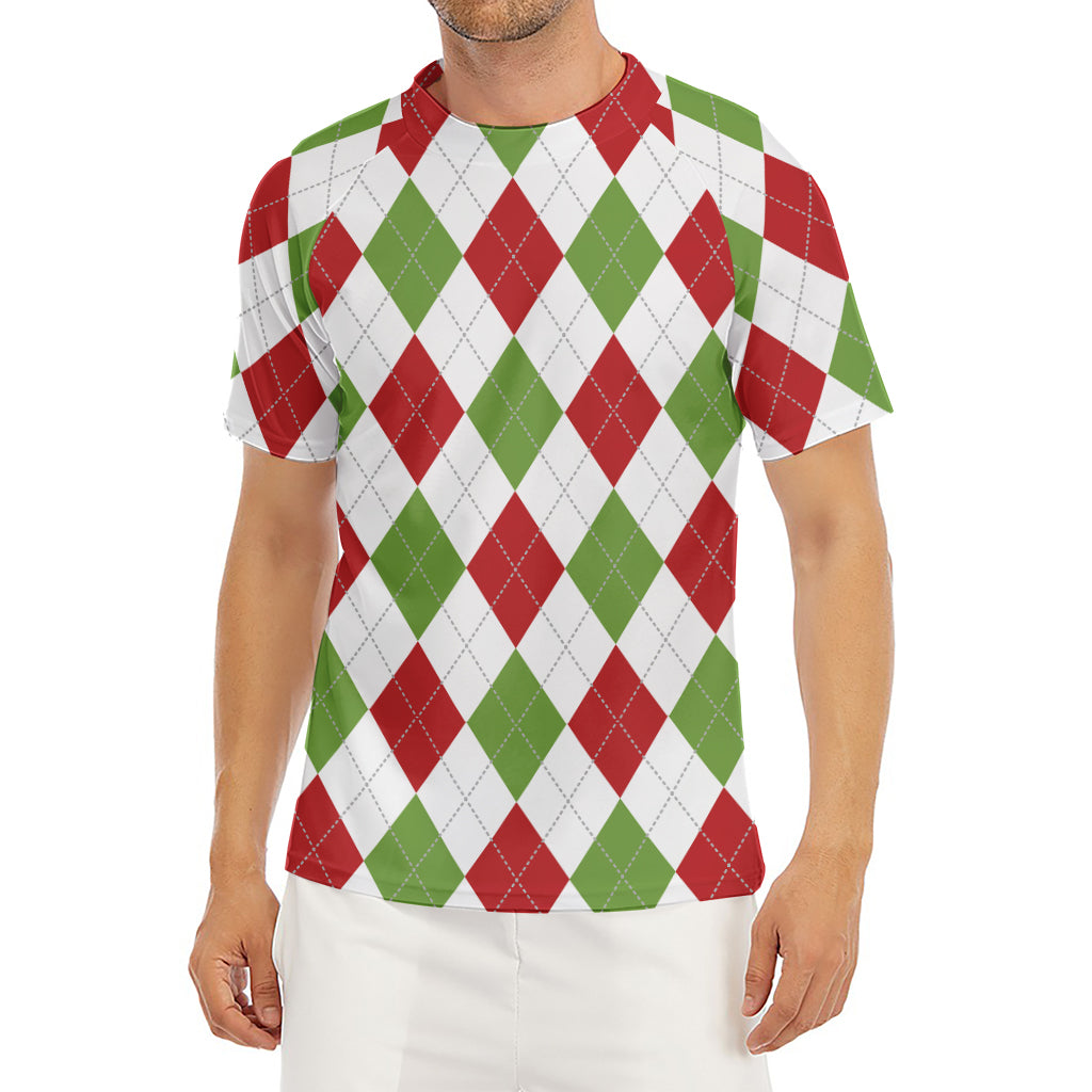 White Red And Green Argyle Pattern Print Men's Short Sleeve Rash Guard