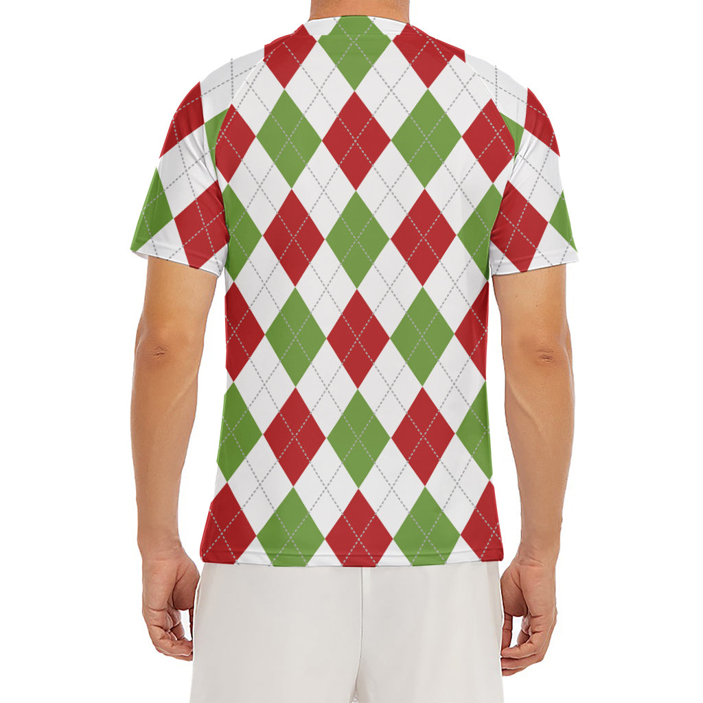 White Red And Green Argyle Pattern Print Men's Short Sleeve Rash Guard